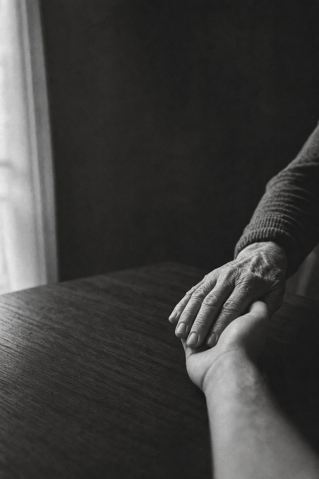 Mão idosa apoiada na mão de um adulto jovem sobre uma mesa de madeira